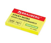 Блок для записи 38*51 мм, 90 л, желтый неон  BRAUBERG  с липким слоем 2 шт
