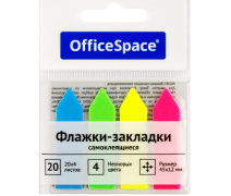 Закладки пластик 12*45 мм, стрелки, 20л*4 неоновых цвета, флажок, европодвес OfficeSpace