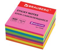 Блок для записи 76*76  мм, 400 л, 8 цветов неон   BRAUBERG  с липким слоем