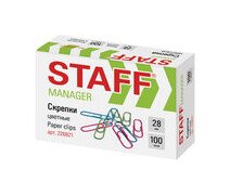 Скрепки 28 мм STAFF "Manager" цветные, 100 шт., в картонной коробке