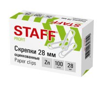 Скрепки 28 мм STAFF, оцинкованные, 100 шт., в картонной коробке